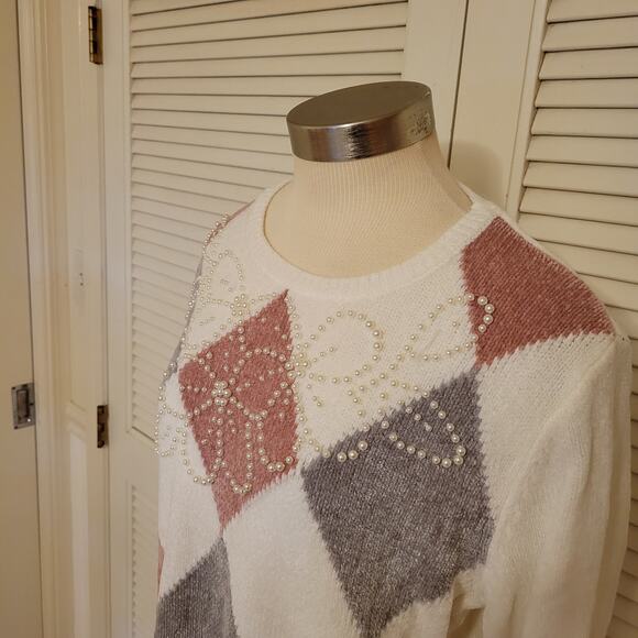 Argyle Knit Alfred Dunner Beaded Sweater Embroidered Floral Medium Winter Soft - Picture 2 of 6